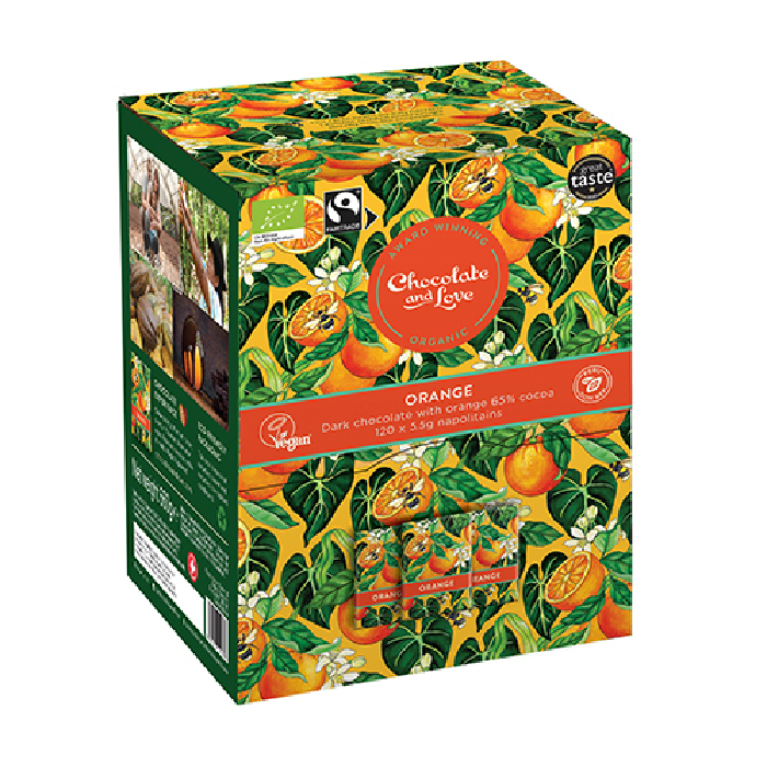 Billede af Orange Dispenser box, 120 x 5.5g chokolader. Ø Mørk chokolade m. appelsin 660 g