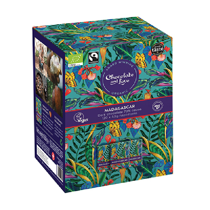 Madagascar Dispenser box 120x5.5g chokolader.  Ø  Mørk chokolade (70% kakao) 660 g